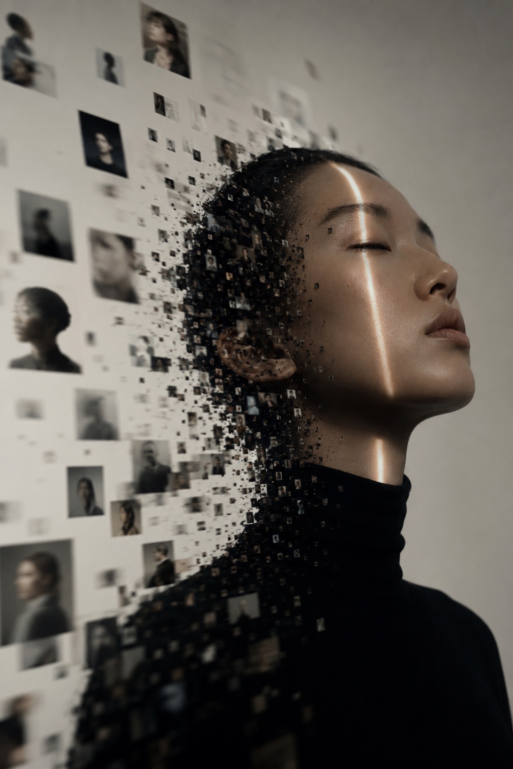 A woman in profile with her eyes closed, the edge of her figure dissolving into a scattered mosaic of hundreds of tiny portrait photographs