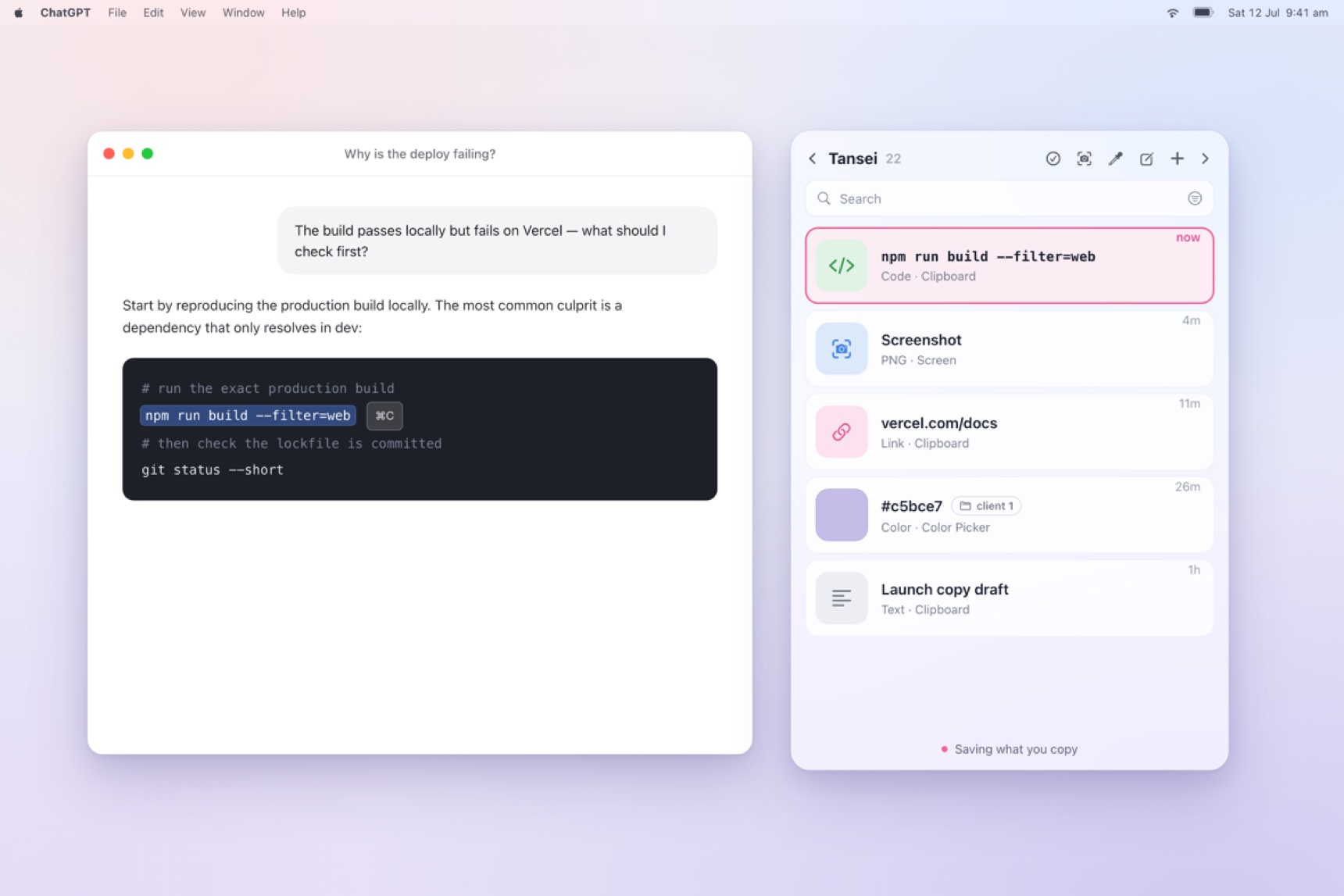 A ChatGPT conversation about a failing deploy, with the Tansei shelf beside it holding a build command, a screenshot, a docs link, a color, and launch copy