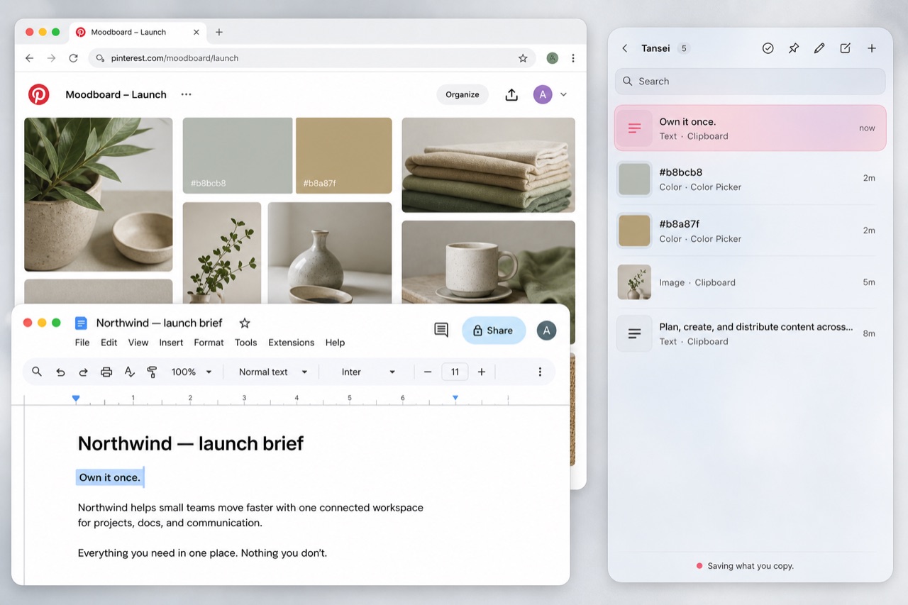 Tansei's shelf at the edge of the screen, holding a line of text, two colors, and an image while a moodboard and a doc stay open behind it