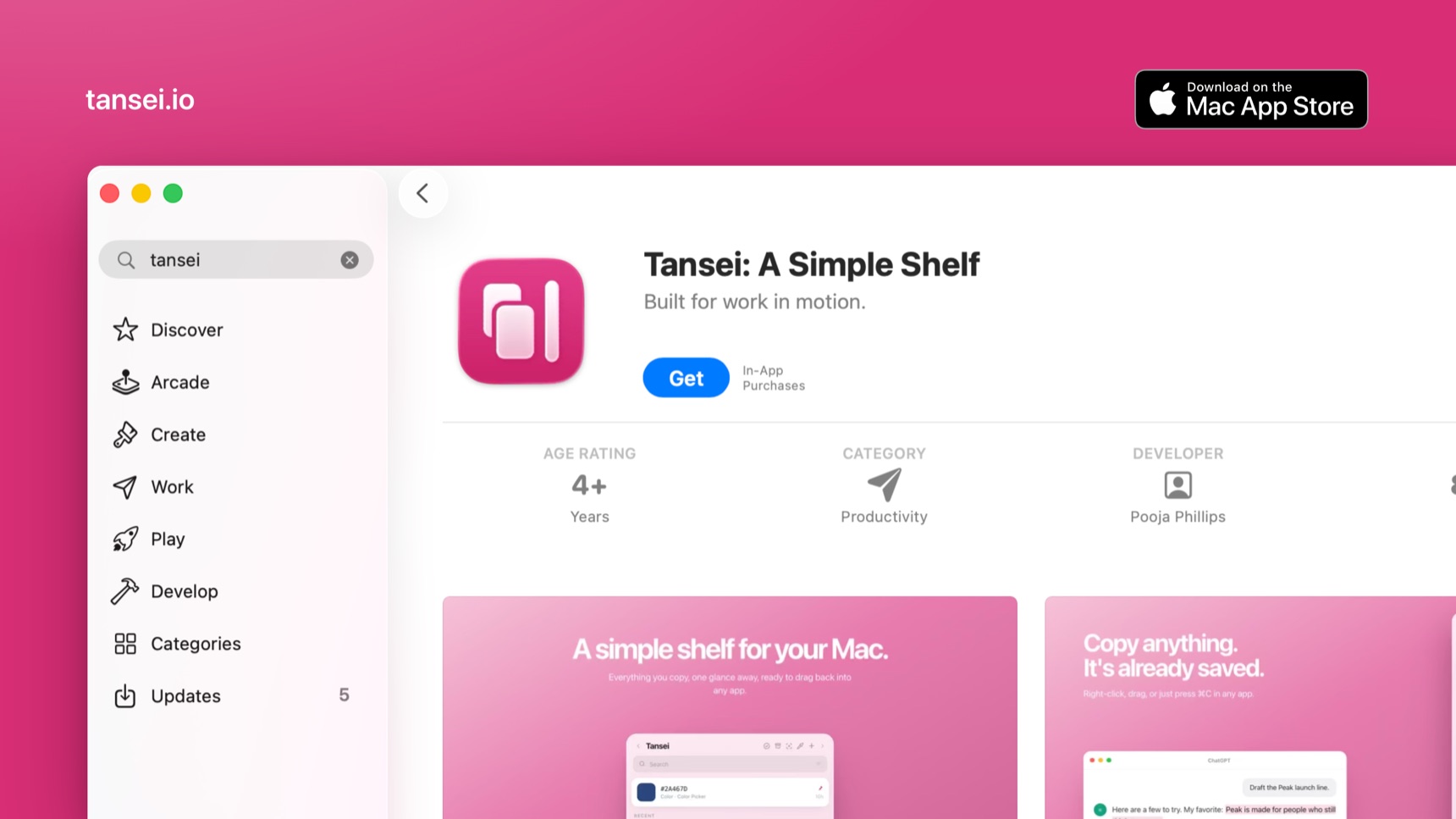 The Tansei listing on the Mac App Store, titled Tansei: A Simple Shelf — Built for work in motion.