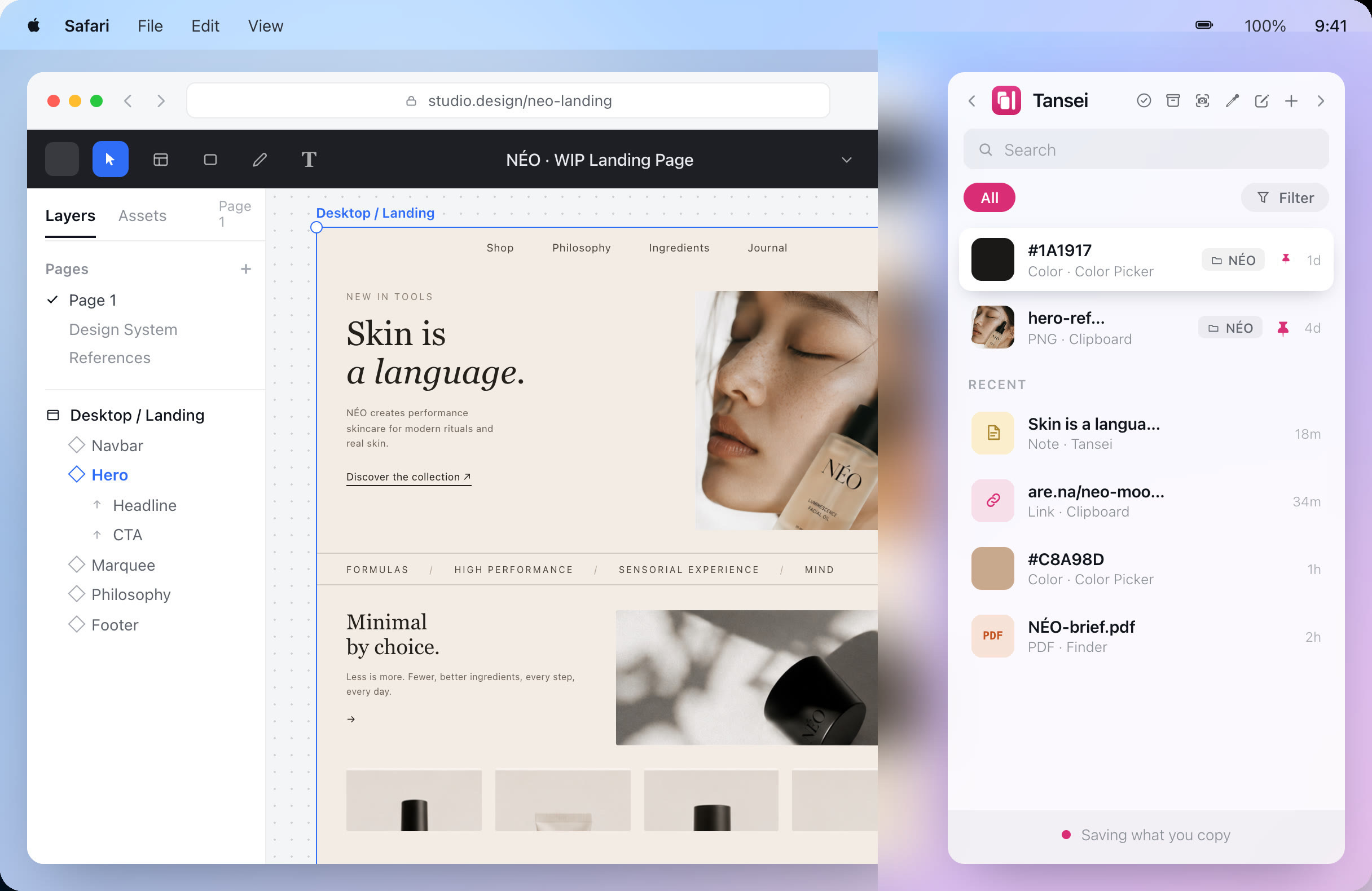 A Mac desktop with a landing page open in a design tool and the Tansei shelf docked at the right edge, holding a picked color, an image, a note, a link, another color and a PDF brief