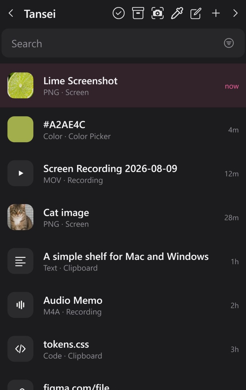 The Tansei shelf on Windows, docked at the edge of the screen, holding a screenshot, a picked color, a screen recording, an image, a text snippet, an audio memo, a code file, and a saved link