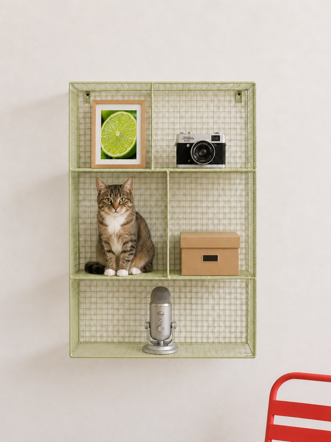 A wire wall shelf holding a lime print, a camera, a cardboard box, a microphone, and a cat sitting where a cat should not be