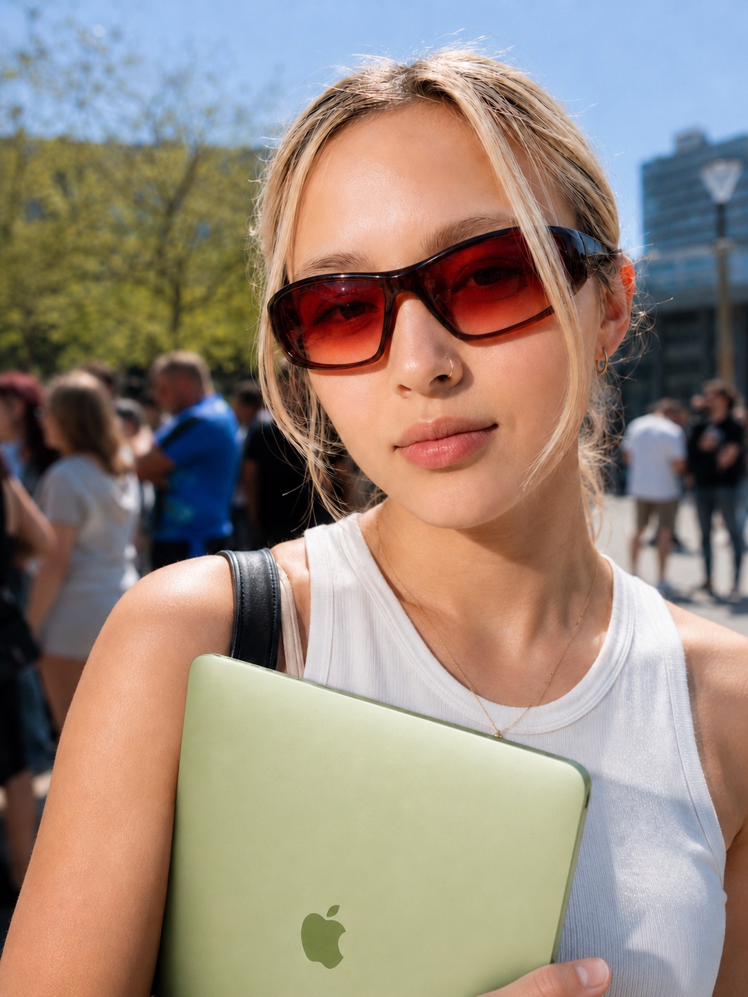 A woman in red sunglasses on a busy street, green MacBook held to her chest