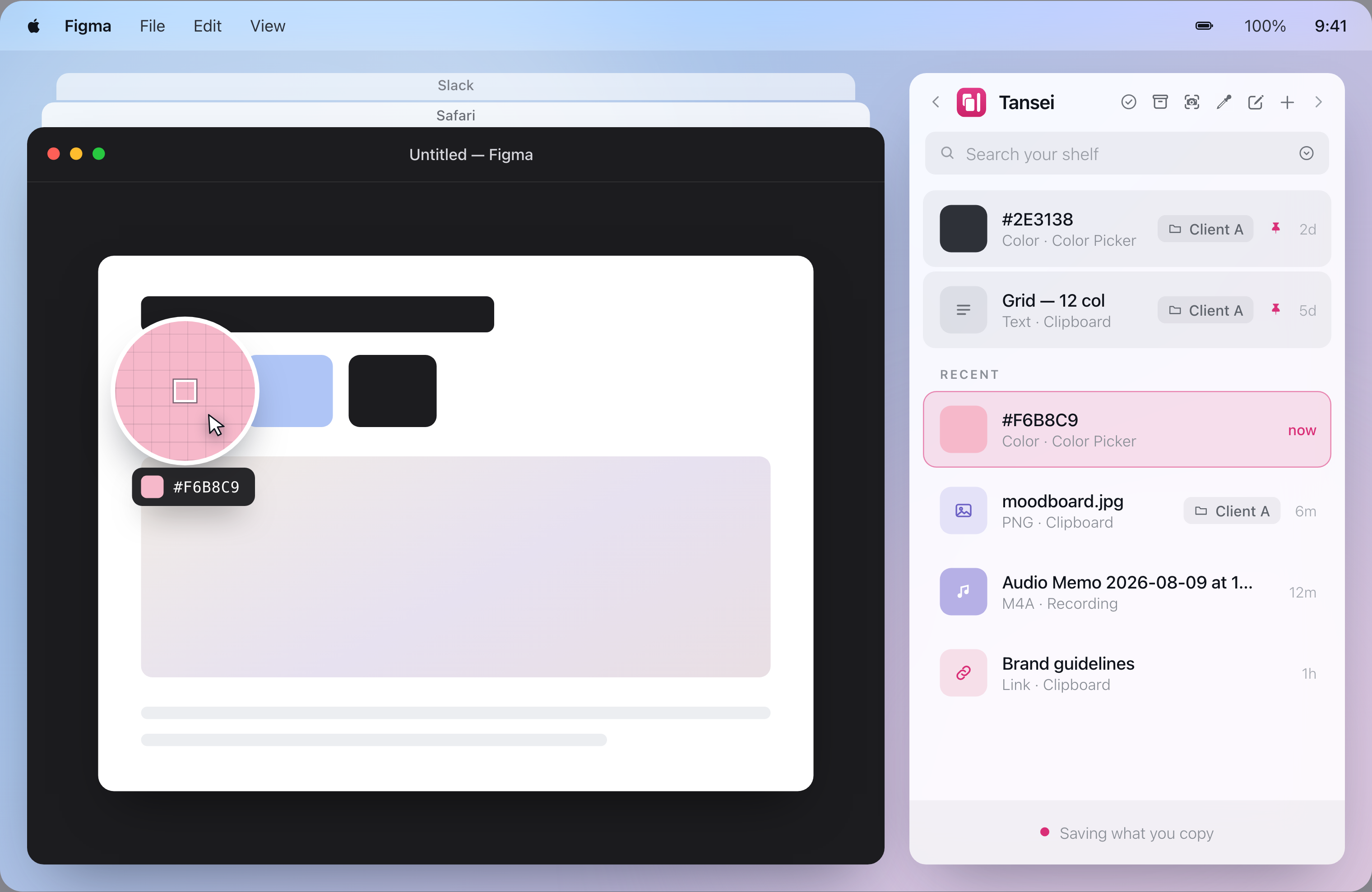 The Tansei shelf docked while moving between apps
