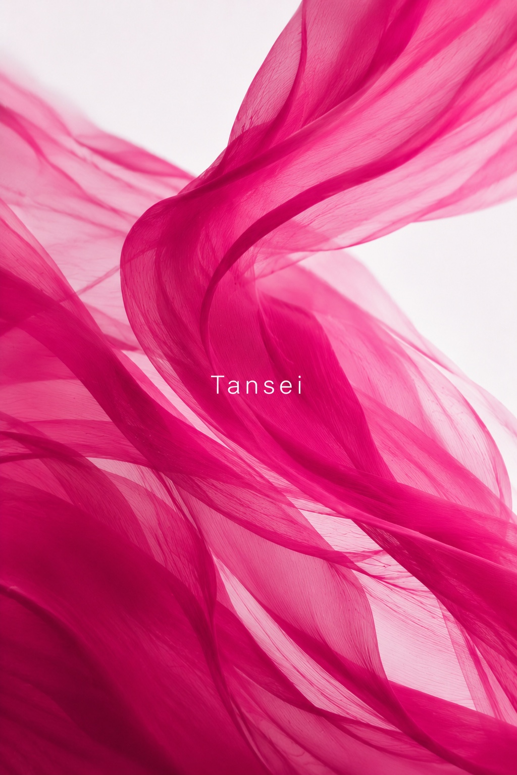 Magenta silk drifting across a soft studio backdrop, the Tansei mark at its center