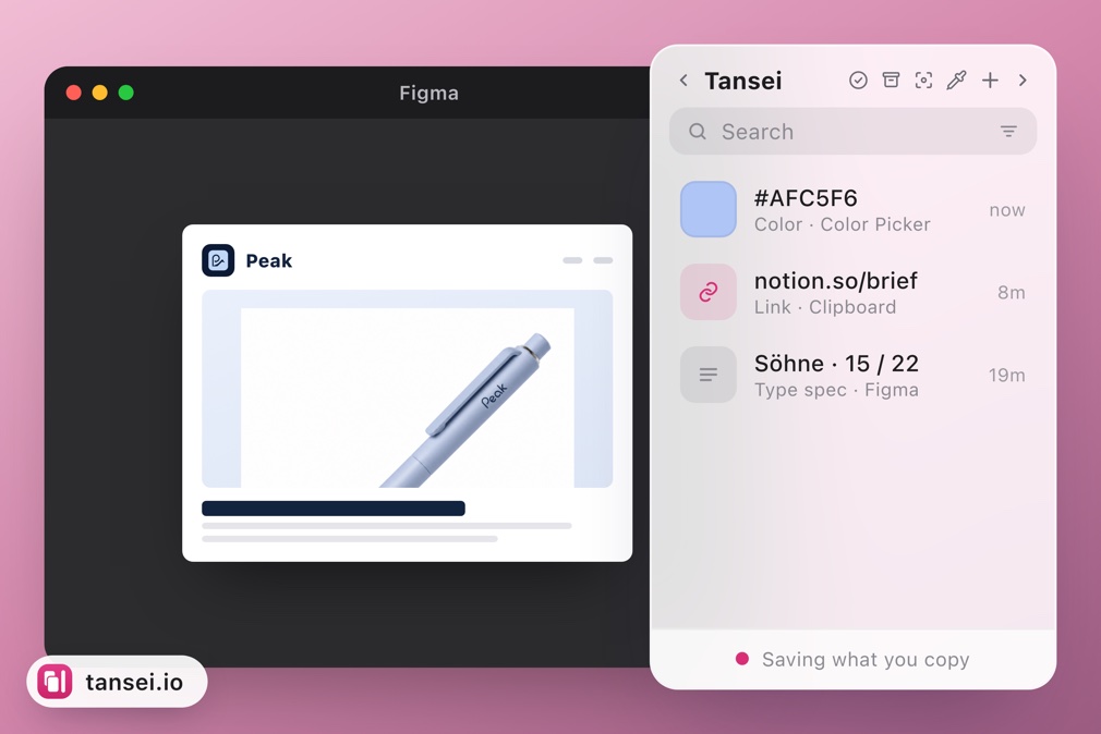 The Tansei shelf docked at the edge of a Figma window.