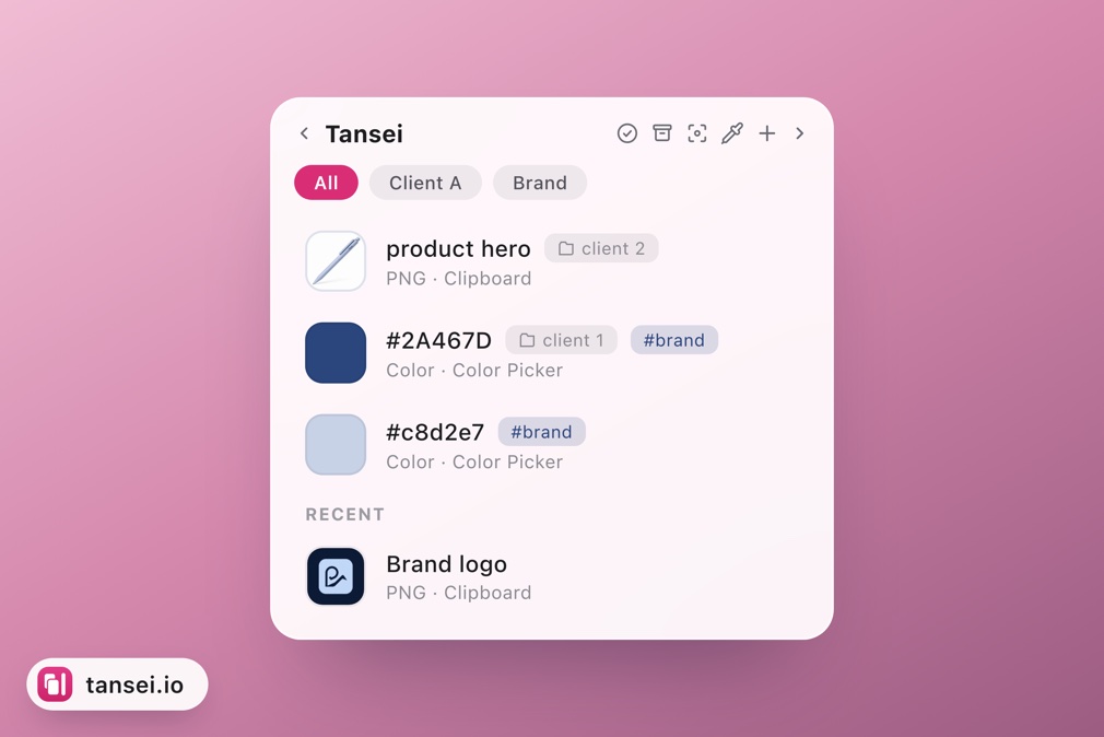 Items in the Tansei shelf organized into groups and marked with tags.
