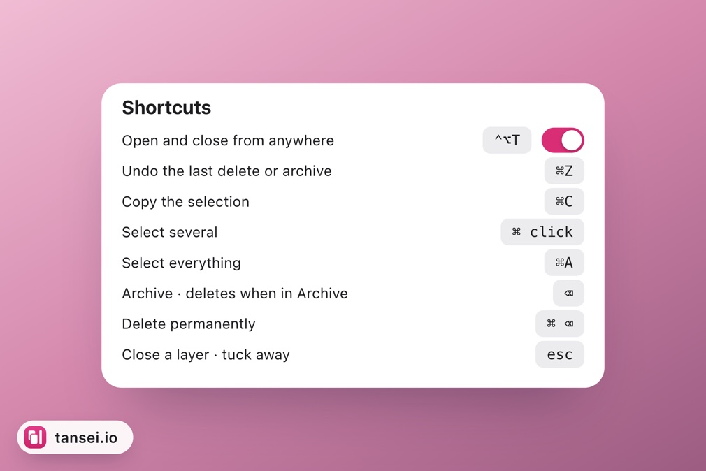 The Tansei keyboard shortcuts panel, listing the shortcut for each action.