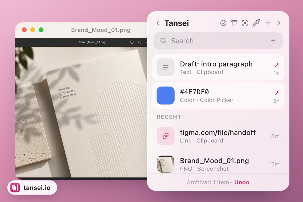 The Tansei shelf docked at the edge of a Mac desktop, showing pinned and recent items.