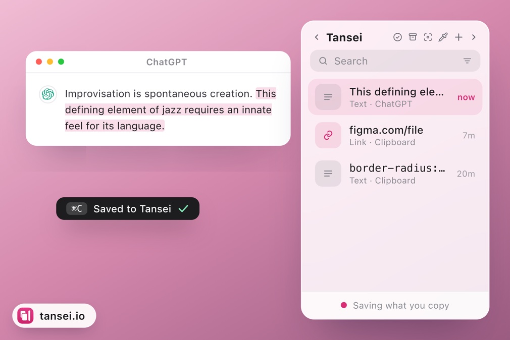 Highlighted text in ChatGPT being added to the Tansei shelf.