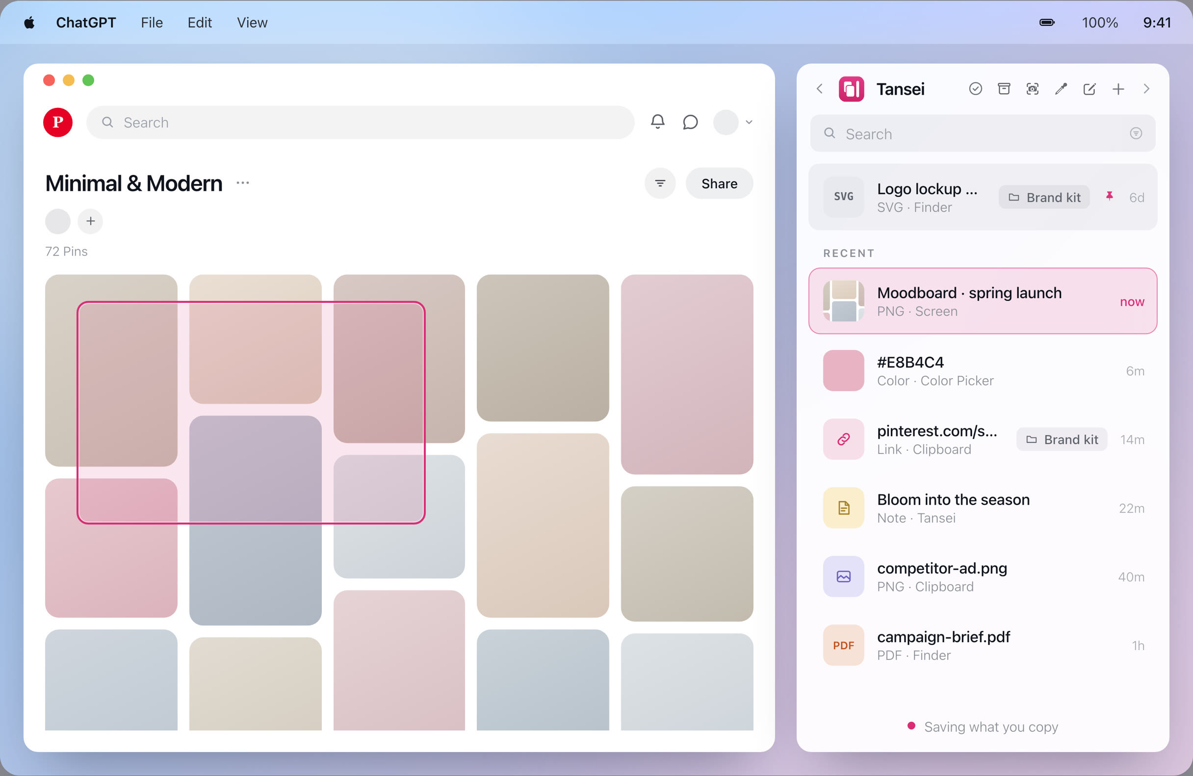 The Tansei shelf catching a screenshot of a moodboard